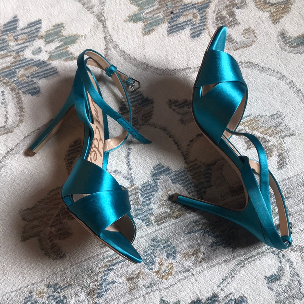Satin Teal Strappy High Heel Sandals - Women
